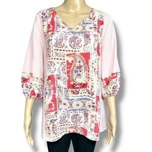 Flamingo Womens Peasant Top Blouse Shirt Stripes Paisley Floral V Neck Pink Med